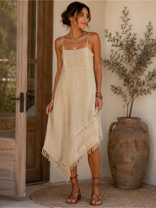 Tejido Rustico Dresses & Skirts - Tejido Rustico Handmade Embroidered Cotton Asymmetrical Fringe Dress Size M Boho